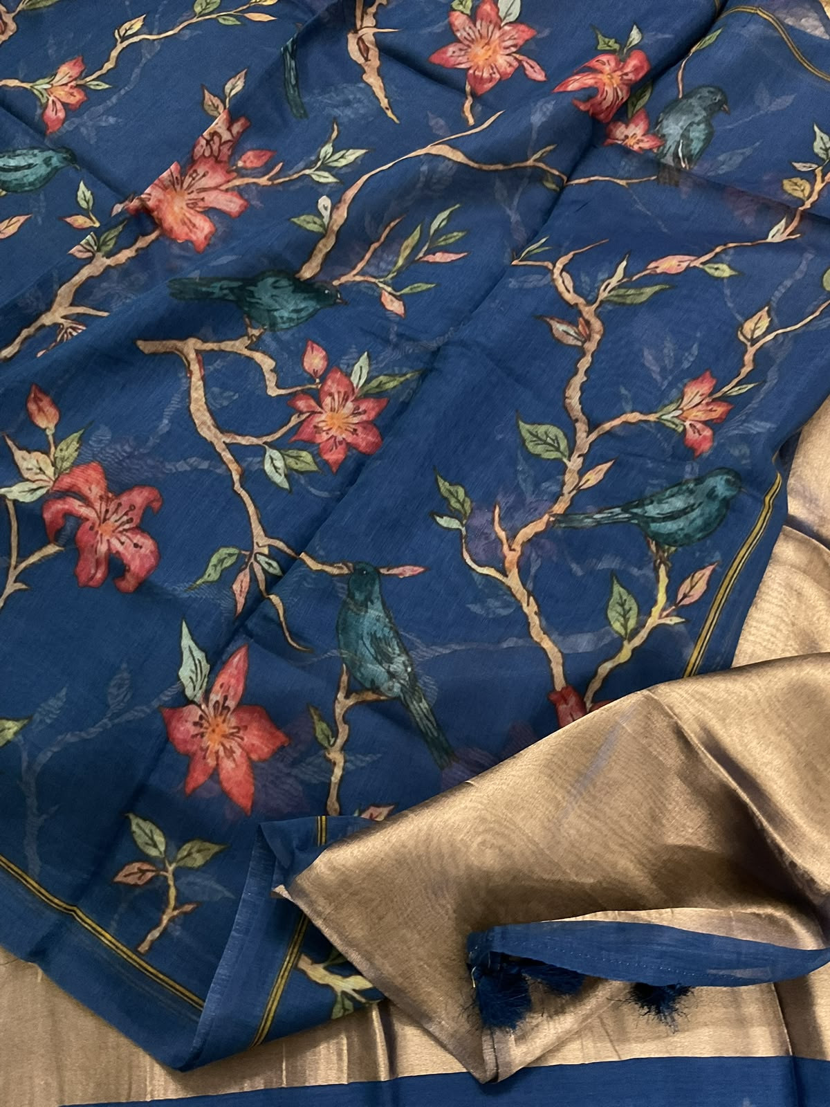 Pure Mul Chanderi Printed Banarasi Weaved Suit - Blue