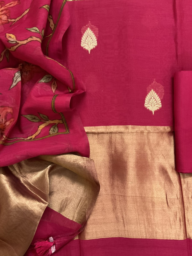 Image of Pure Mul Chanderi Printed Banarasi Weaved Suit - Dark Pink