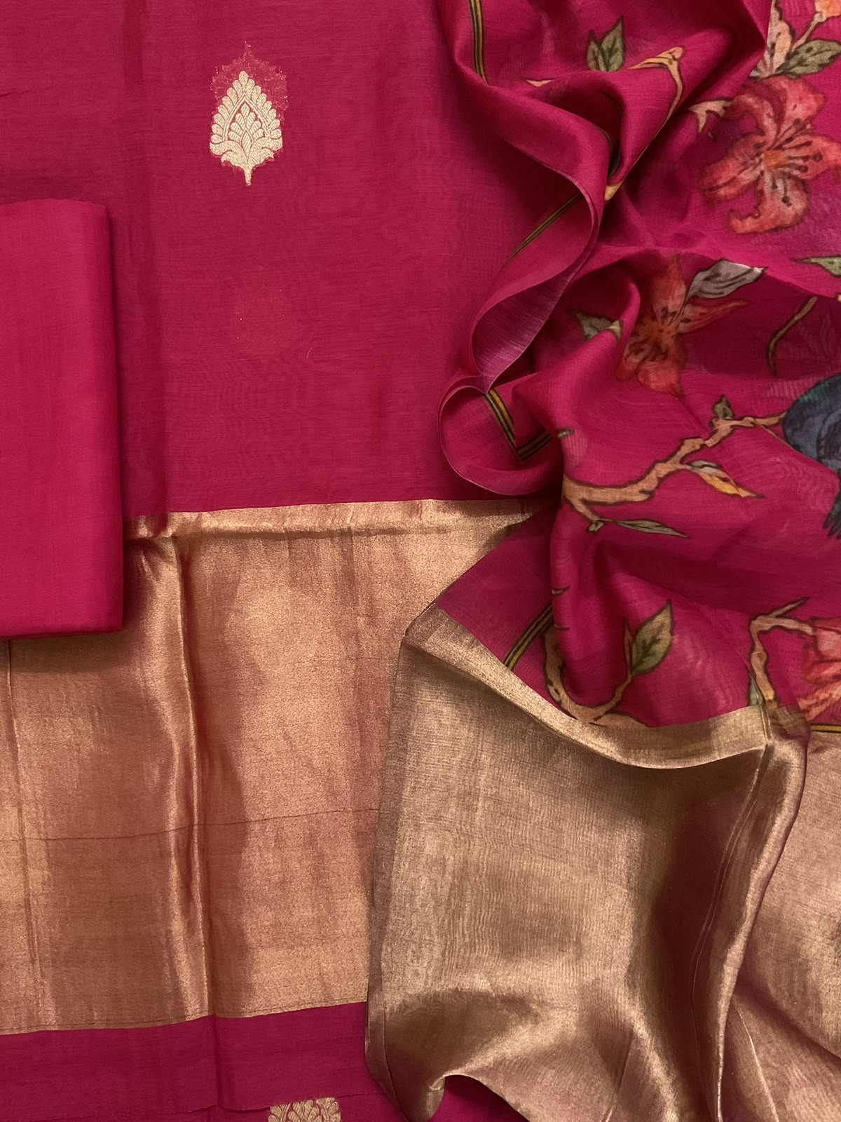 Pure Mul Chanderi Printed Banarasi Weaved Suit - Dark Pink