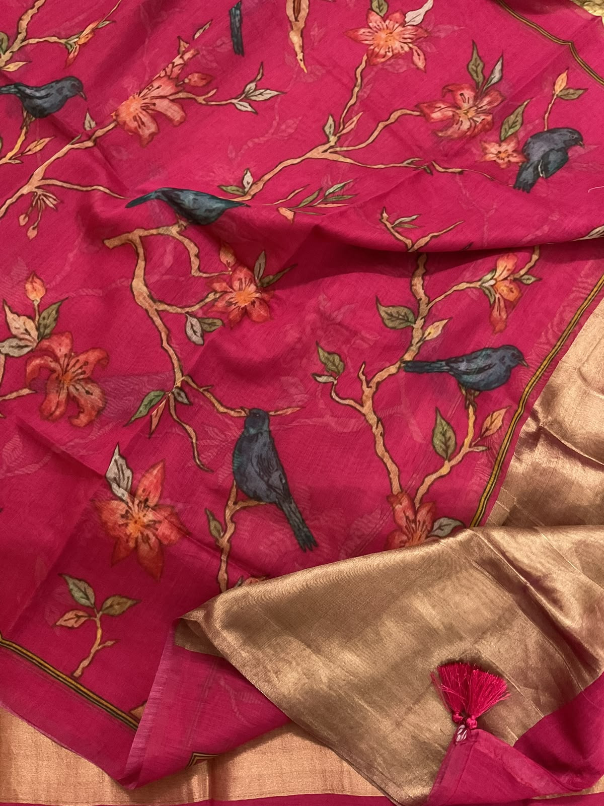 Pure Mul Chanderi Printed Banarasi Weaved Suit - Dark Pink