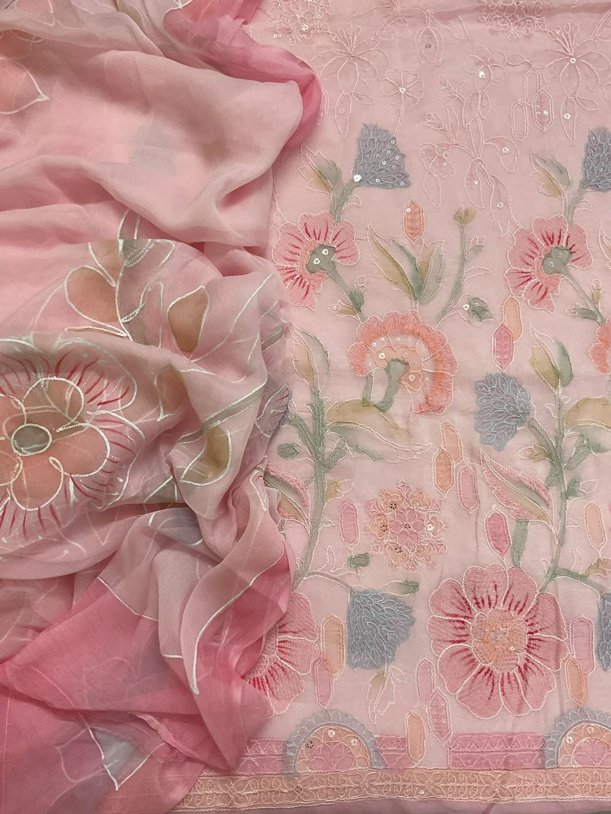 Pure Organza Brush Painted Embroidered Suit - Pink