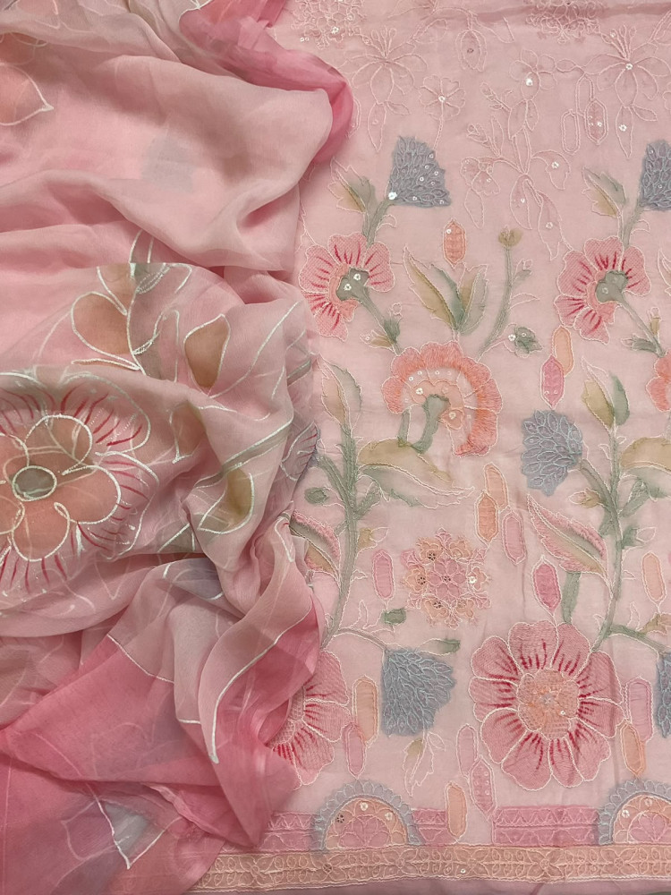 Image of Pure Organza Brush Painted Embroidered Suit - Pink