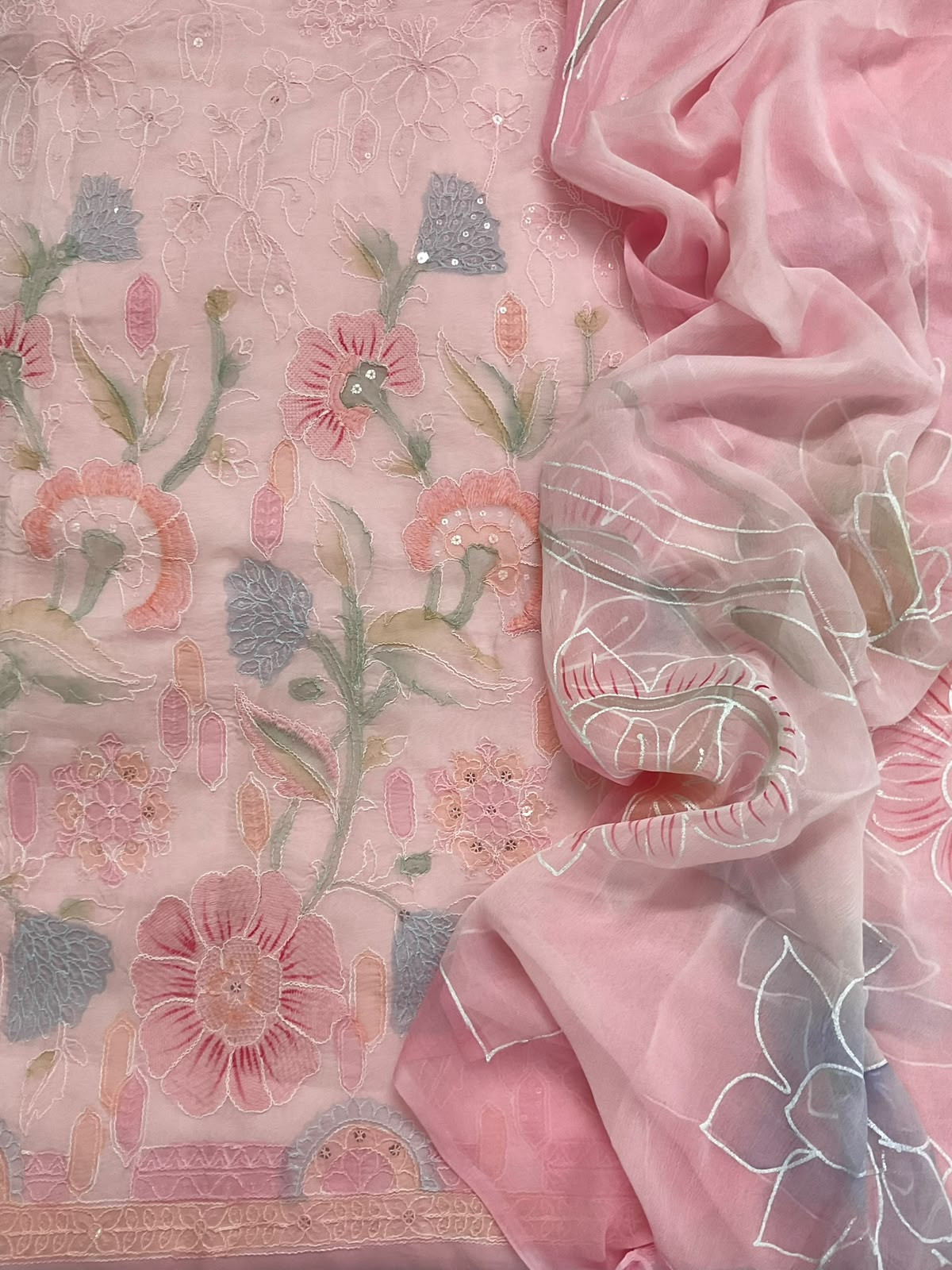 Pure Organza Brush Painted Embroidered Suit - Pink