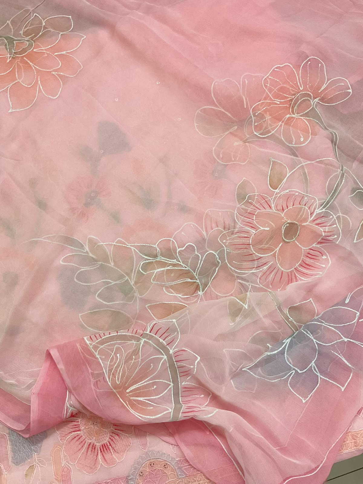 Pure Organza Brush Painted Embroidered Suit - Pink