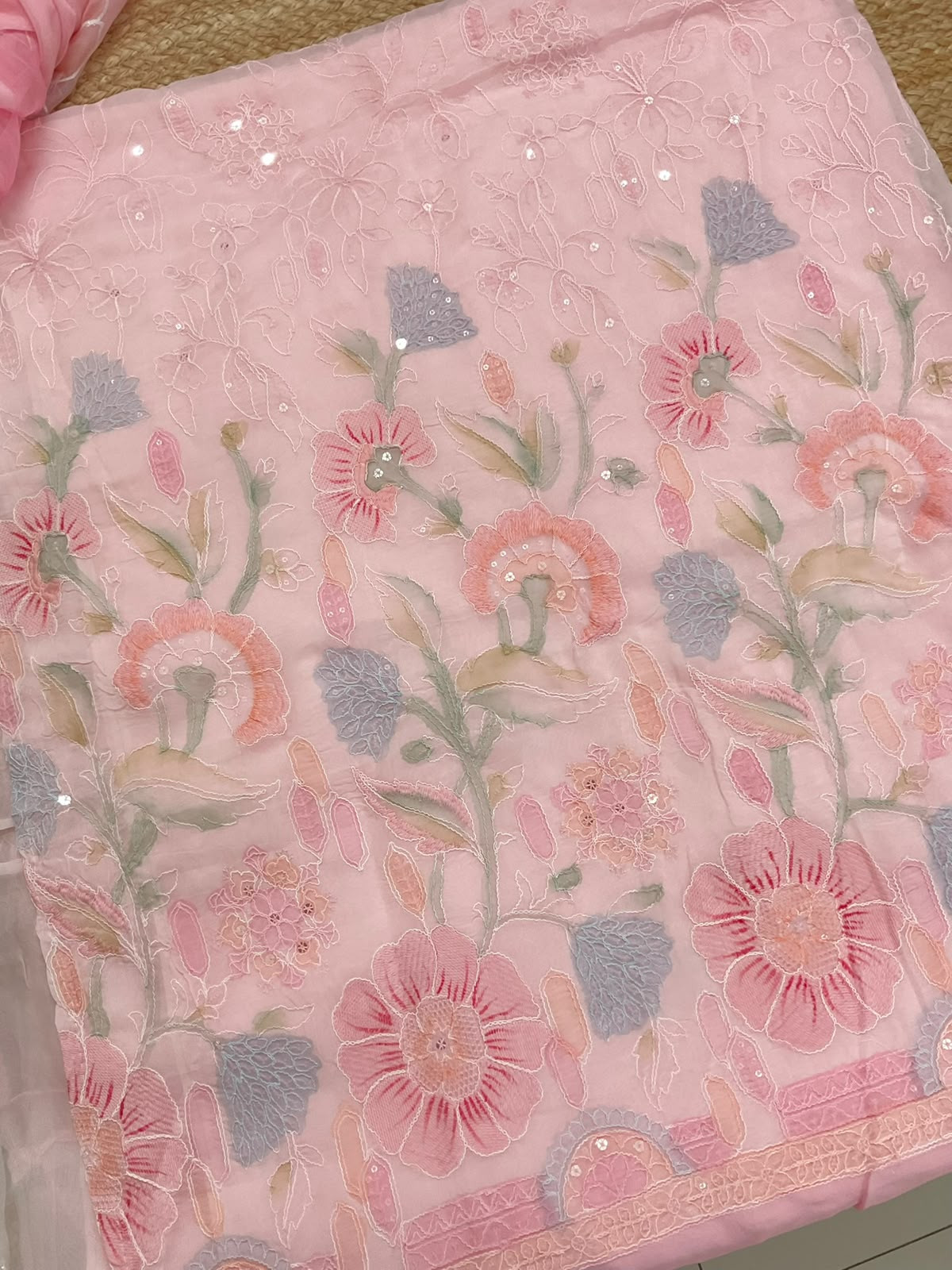 Pure Organza Brush Painted Embroidered Suit - Pink