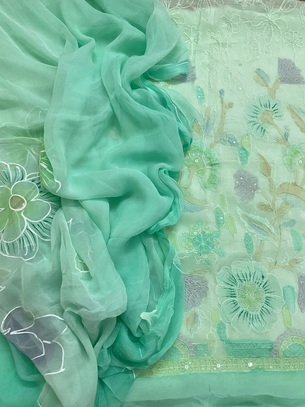 Pure Organza Brush Painted Embroidered Suit - Sea Green