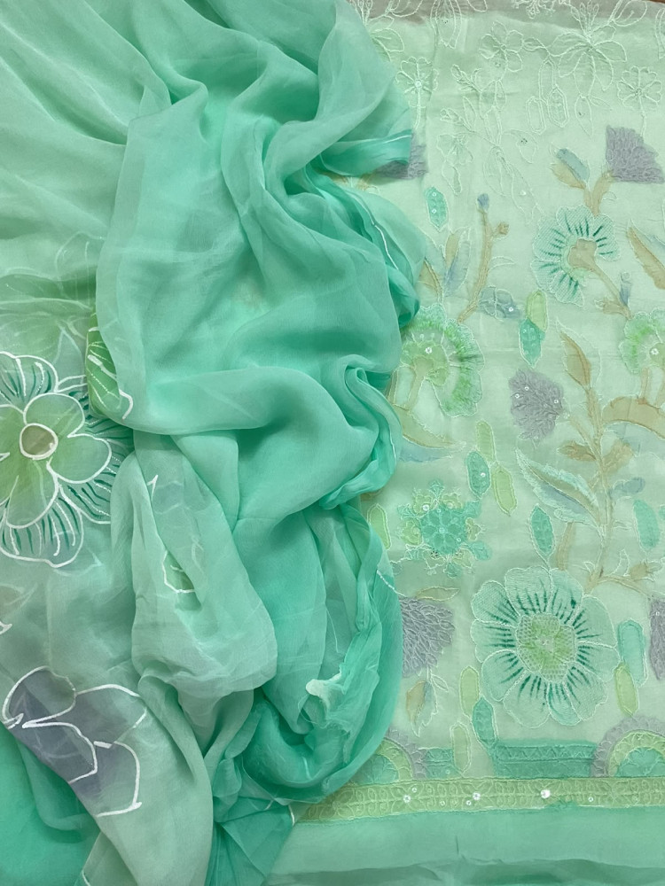 Image of Pure Organza Brush Painted Embroidered Suit - Sea Green