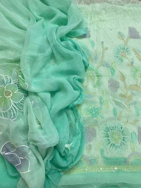 Image of Pure Organza Brush Painted Embroidered Suit - Sea Green
