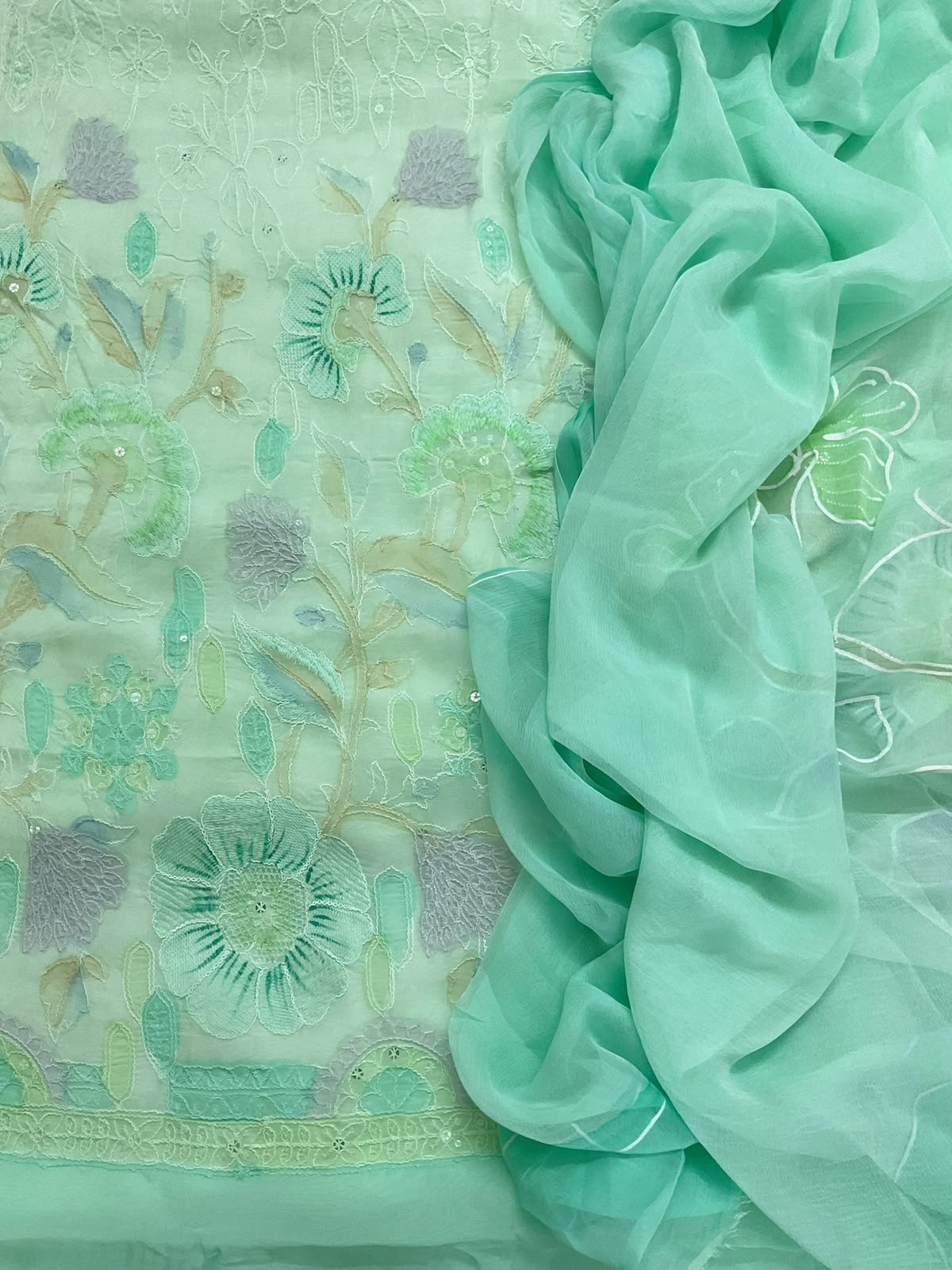 Pure Organza Brush Painted Embroidered Suit - Sea Green