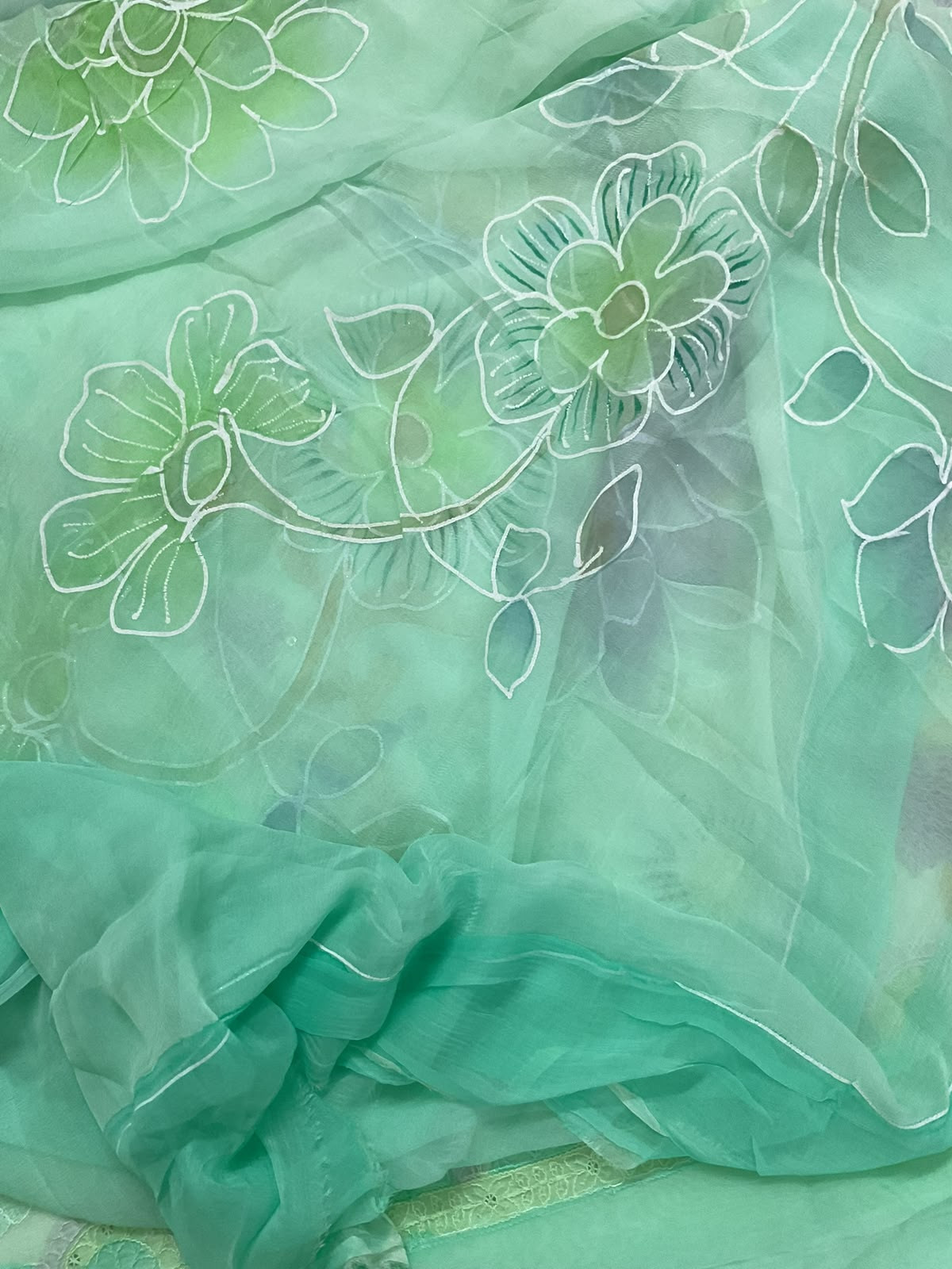 Pure Organza Brush Painted Embroidered Suit - Sea Green