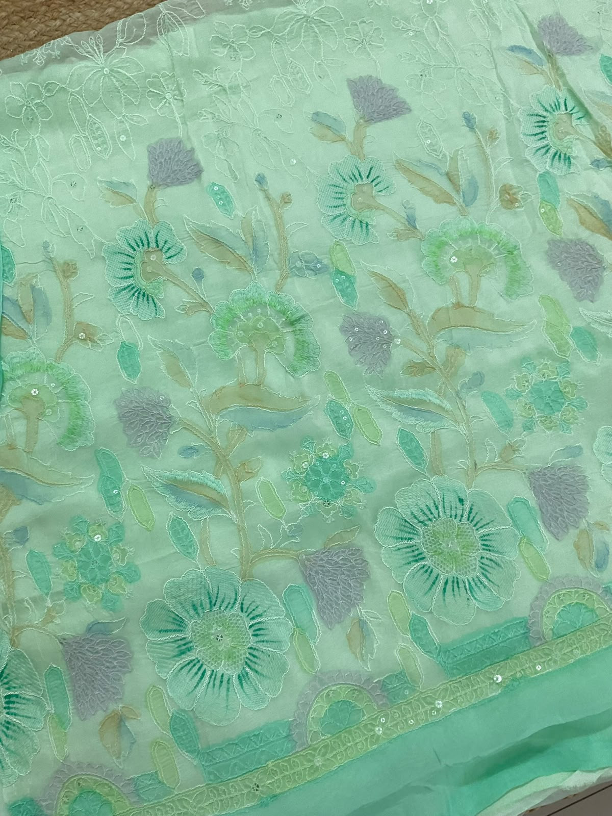 Pure Organza Brush Painted Embroidered Suit - Sea Green