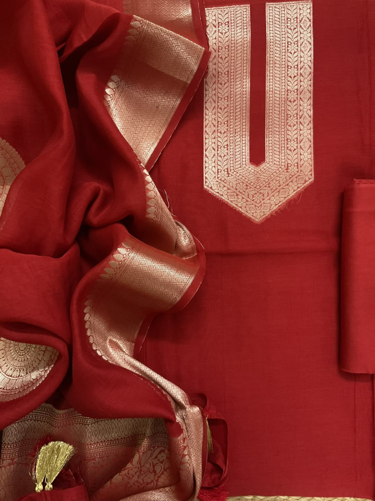 Image of Pure Mul Chanderi Tissue Banarasi Weaved Suit - Dark Red