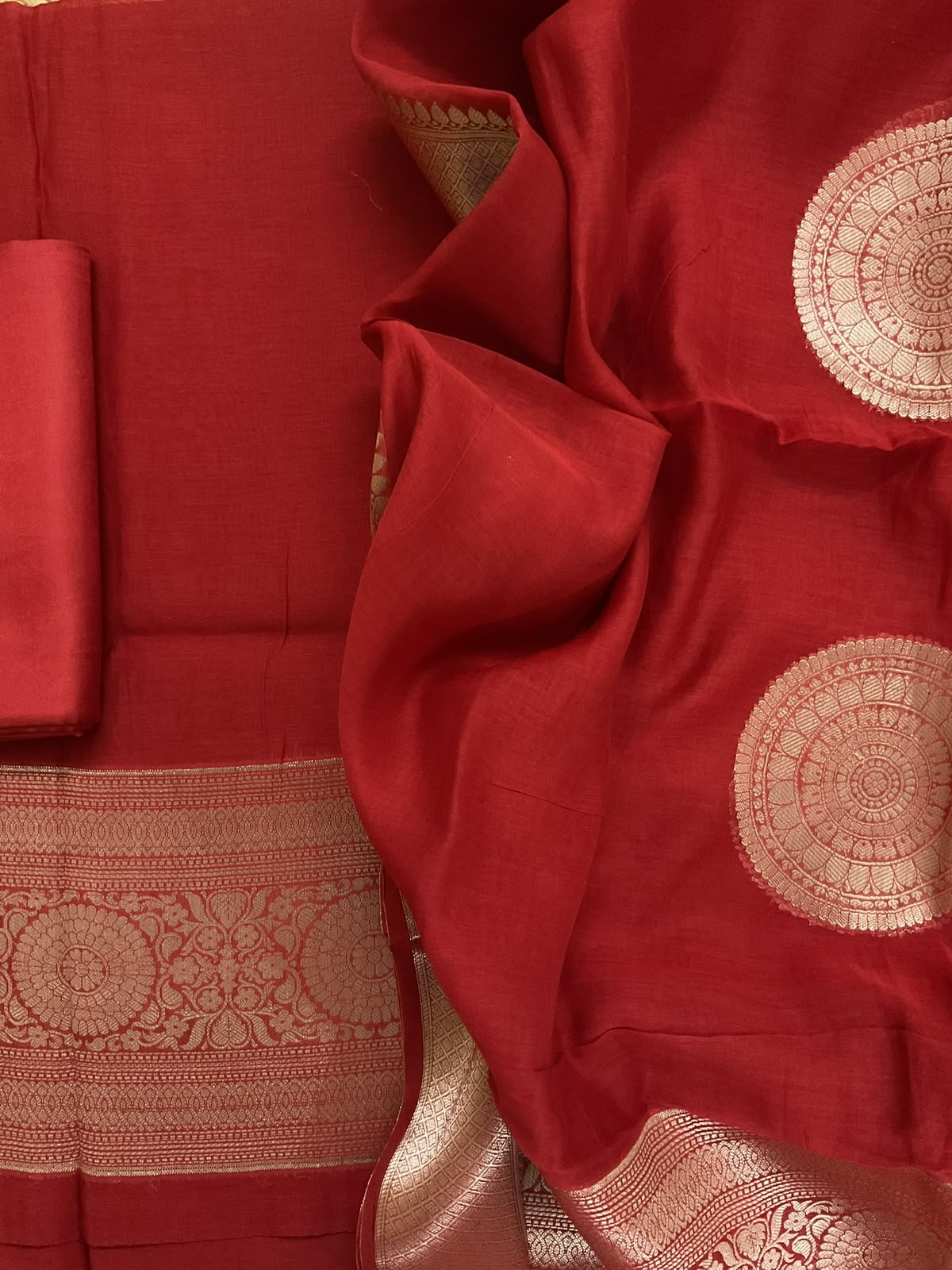 Pure Mul Chanderi Tissue Banarasi Weaved Suit - Dark Red