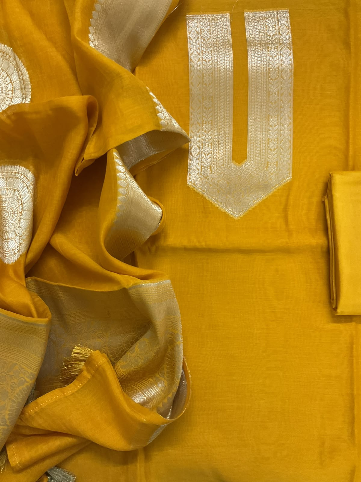 Pure Mul Chanderi Tissue Banarasi Weaved Suit - Yellow