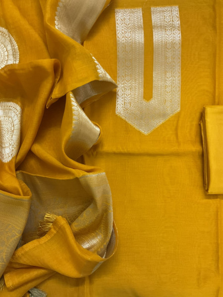 Image of Pure Mul Chanderi Tissue Banarasi Weaved Suit - Yellow