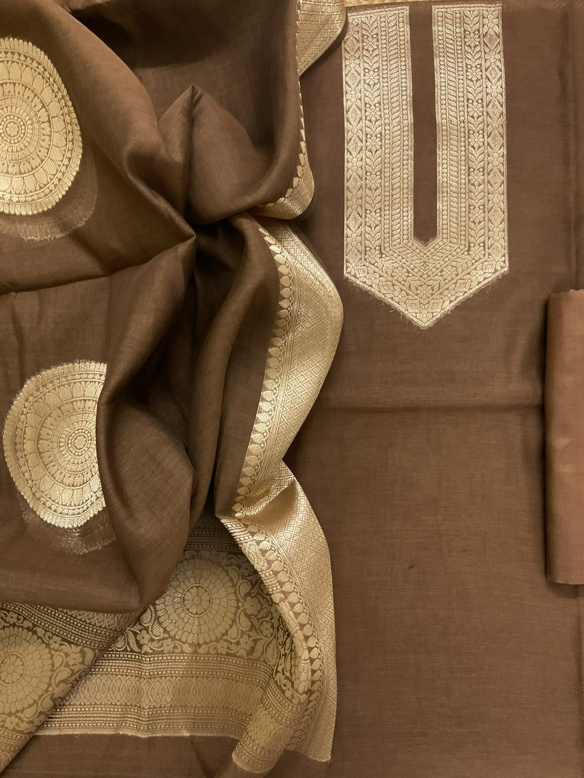 Pure Mul Chanderi Tissue Banarasi Weaved Suit - Brown