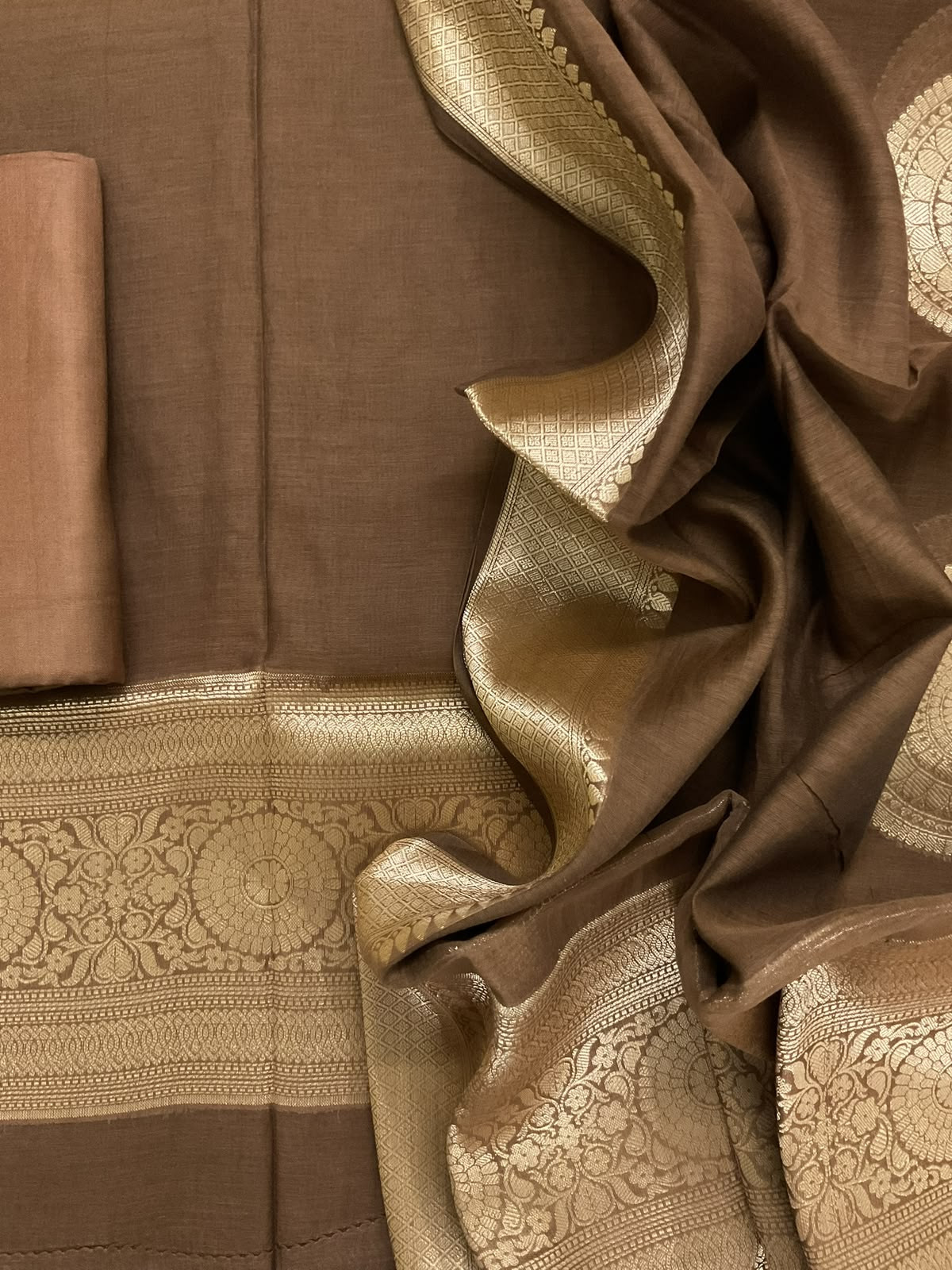 Pure Mul Chanderi Tissue Banarasi Weaved Suit - Brown