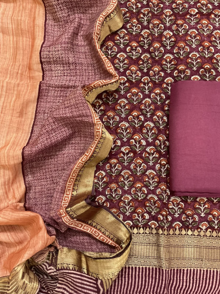 Image of Pure Muslin Printed Banarasi Weaved Suit - Maroonish Pink