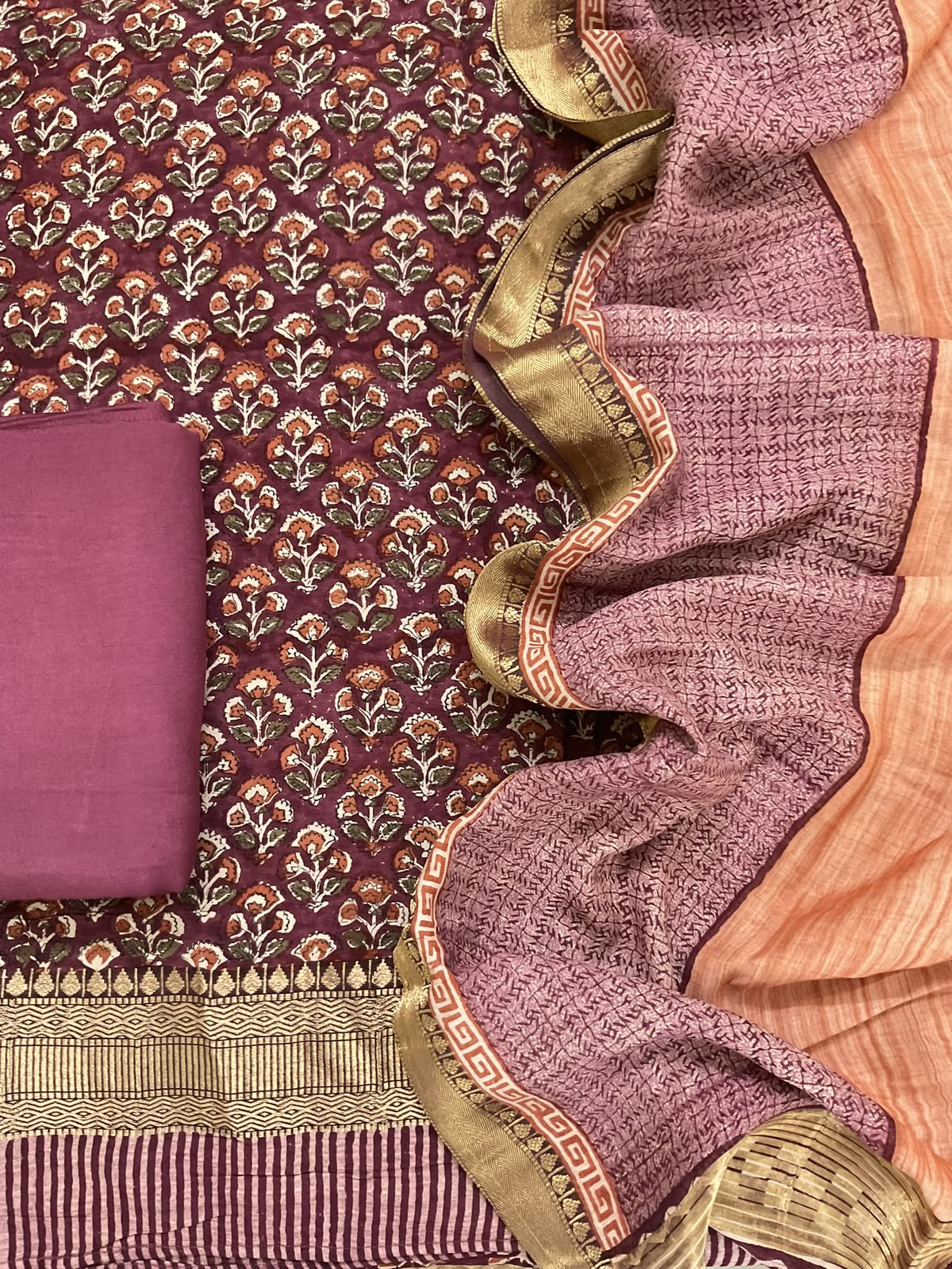 Pure Muslin Printed Banarasi Weaved Suit - Maroonish Pink