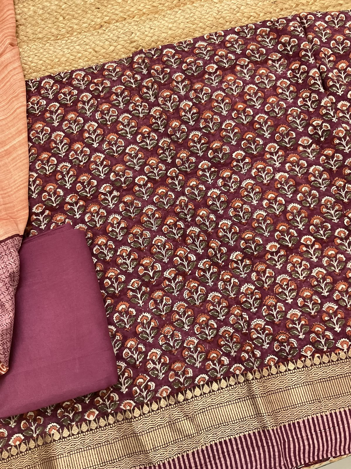 Pure Muslin Printed Banarasi Weaved Suit - Maroonish Pink