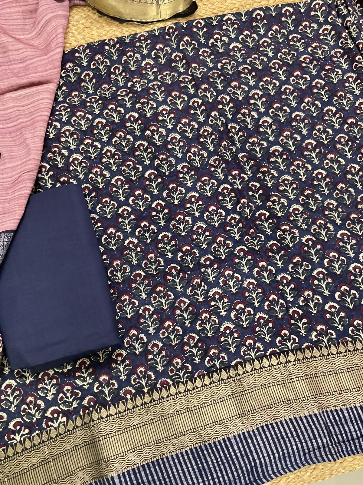 Pure Muslin Printed Banarasi Weaved Suit - BLUE