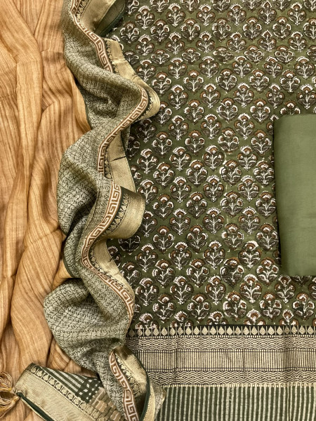 Image of Pure Muslin Printed Banarasi Weaved Suit - Green