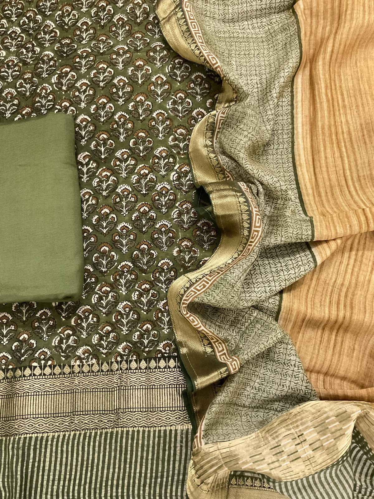 Pure Muslin Printed Banarasi Weaved Suit - Green