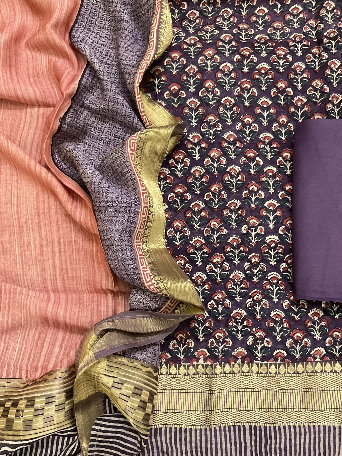 Pure Muslin Printed Banarasi Weaved Suit - Violet