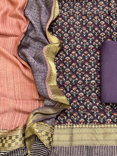 Image of Pure Muslin Printed Banarasi Weaved Suit - Violet