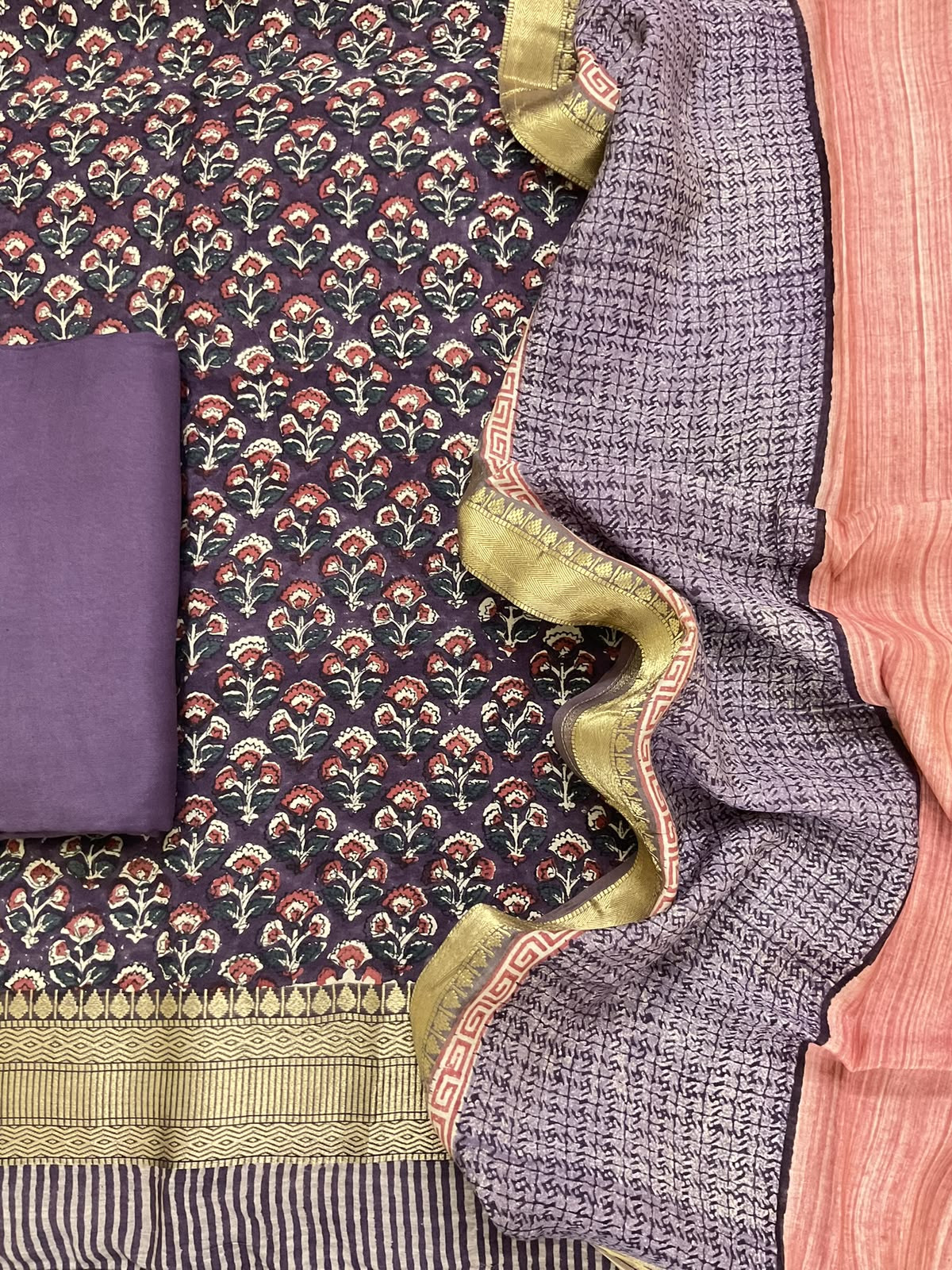 Pure Muslin Printed Banarasi Weaved Suit - Violet
