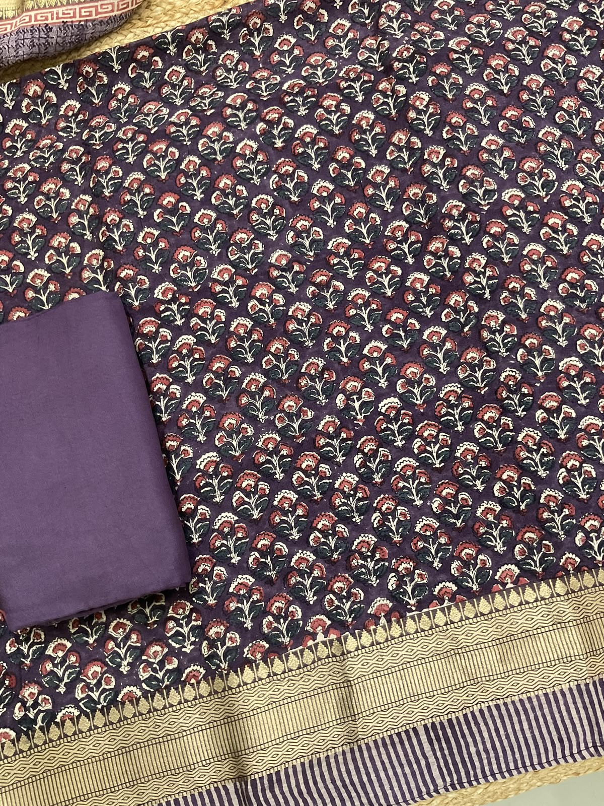 Pure Muslin Printed Banarasi Weaved Suit - Violet