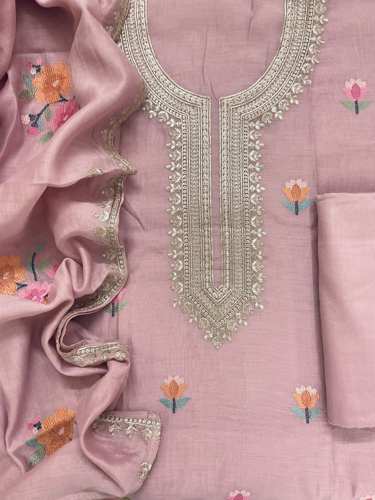 Pure Chanderi Embroidered Suit - Pink