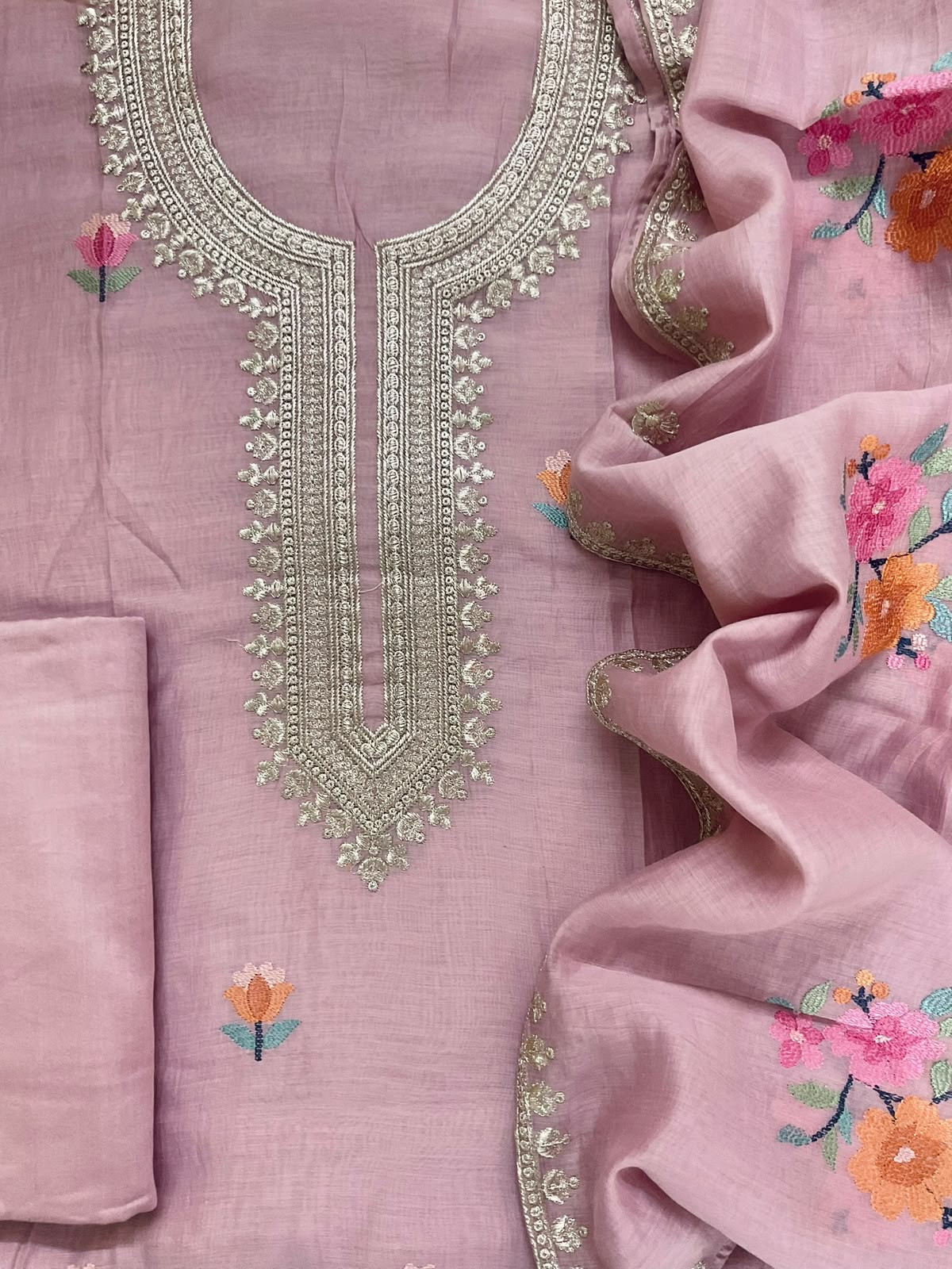 Pure Chanderi Embroidered Suit - Pink