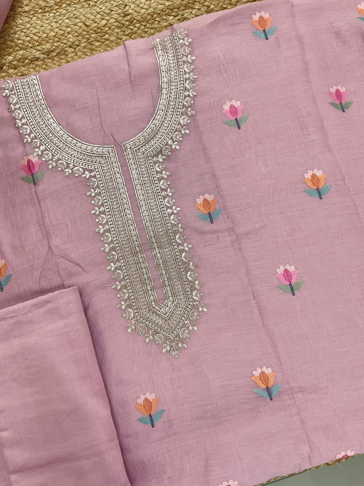 Pure Chanderi Embroidered Suit - Pink
