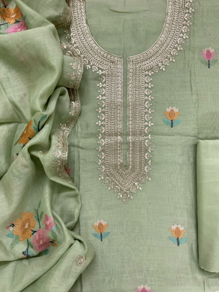 Image of Pure Chanderi Embroidered Suit - Green