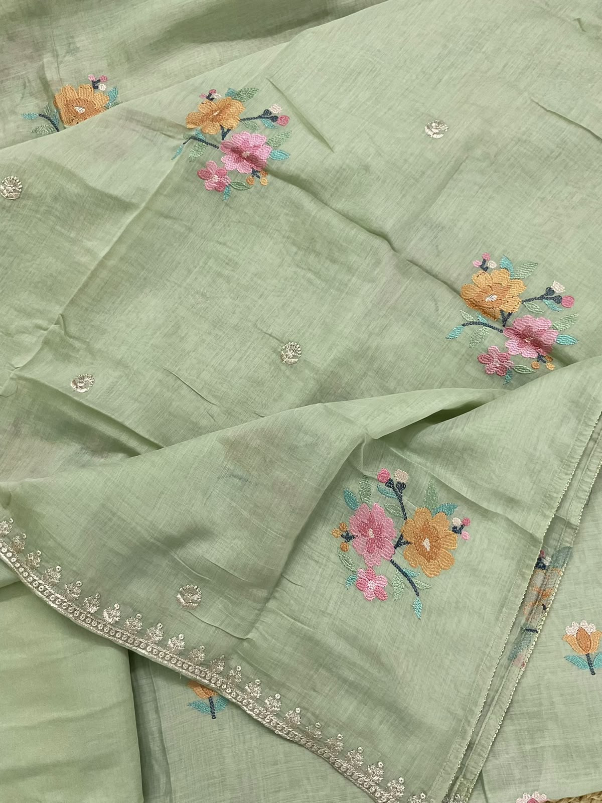 Pure Chanderi Embroidered Suit - Green