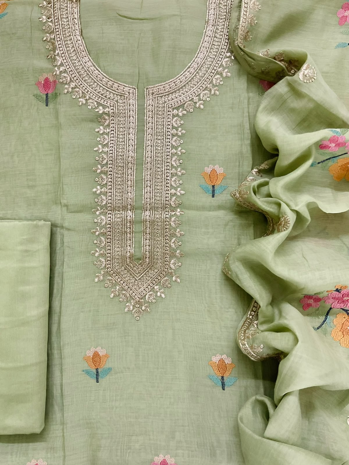 Pure Chanderi Embroidered Suit - Green