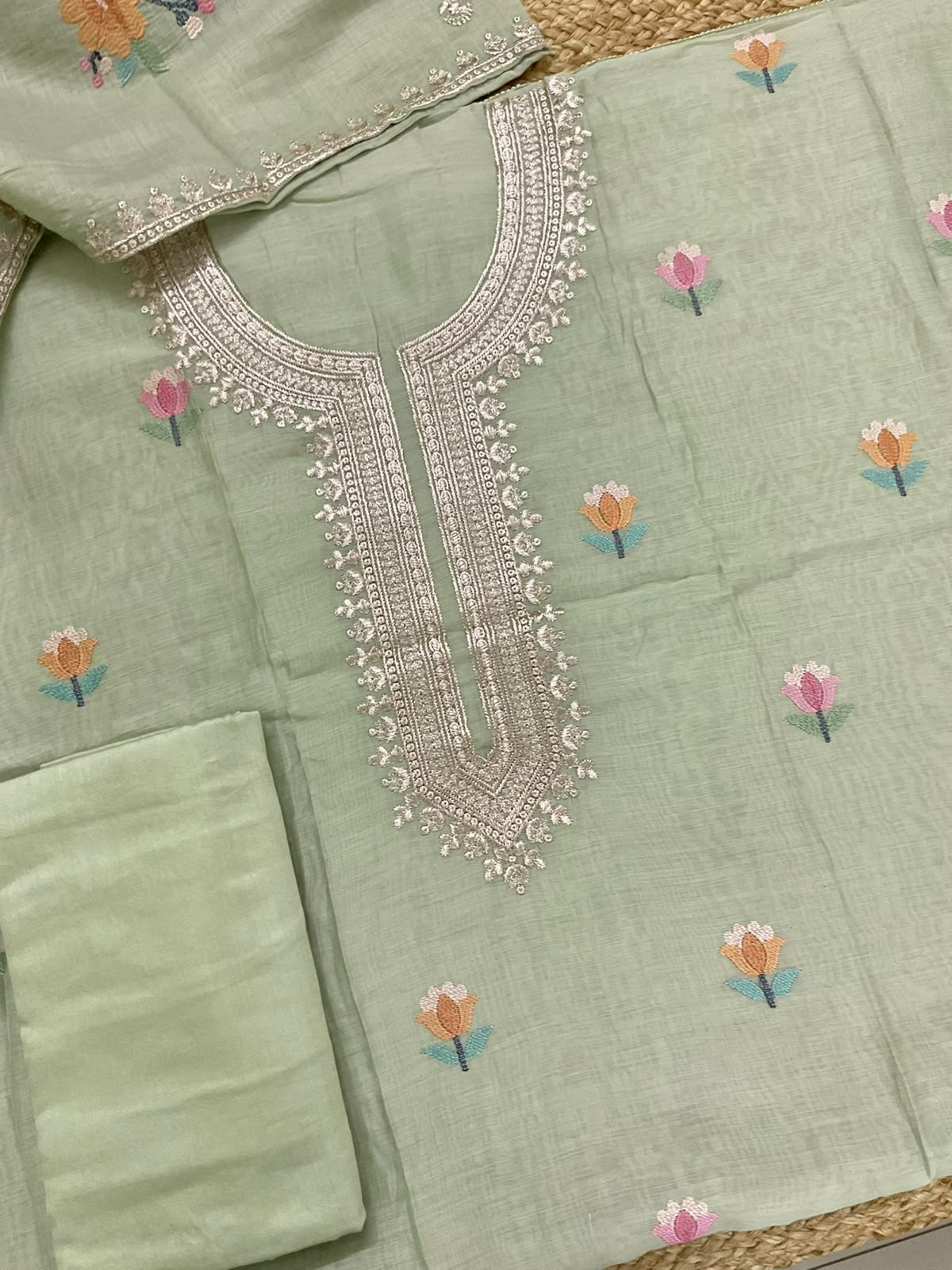 Pure Chanderi Embroidered Suit - Green
