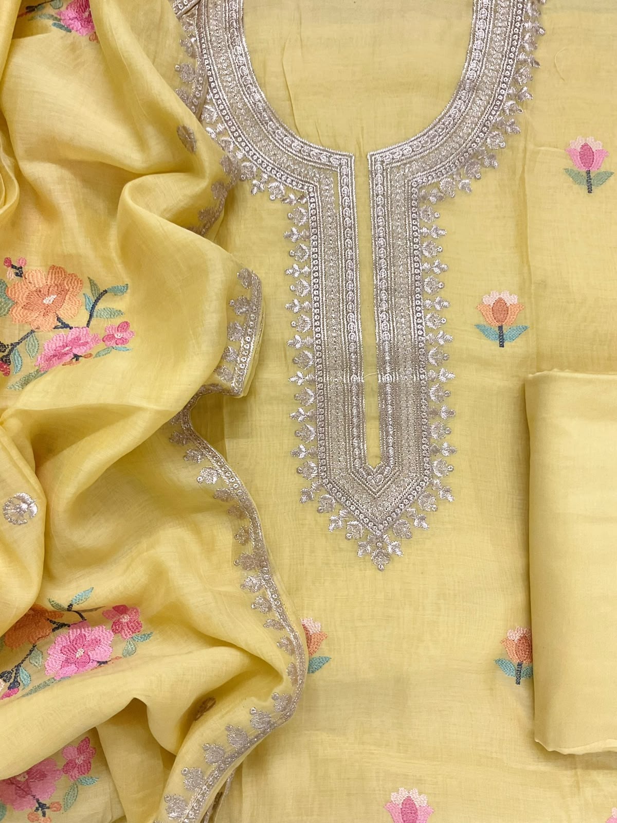 Pure Chanderi Embroidered Suit - Yellow