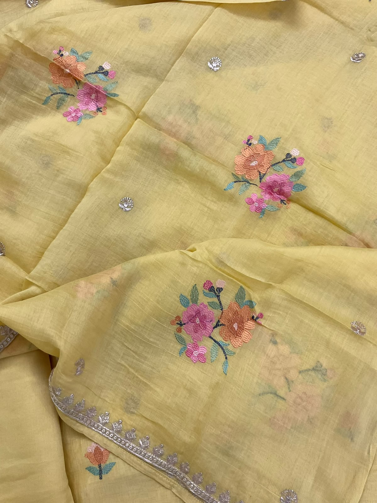 Pure Chanderi Embroidered Suit - Yellow