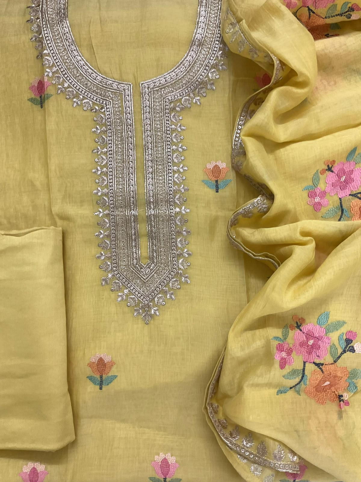 Pure Chanderi Embroidered Suit - Yellow