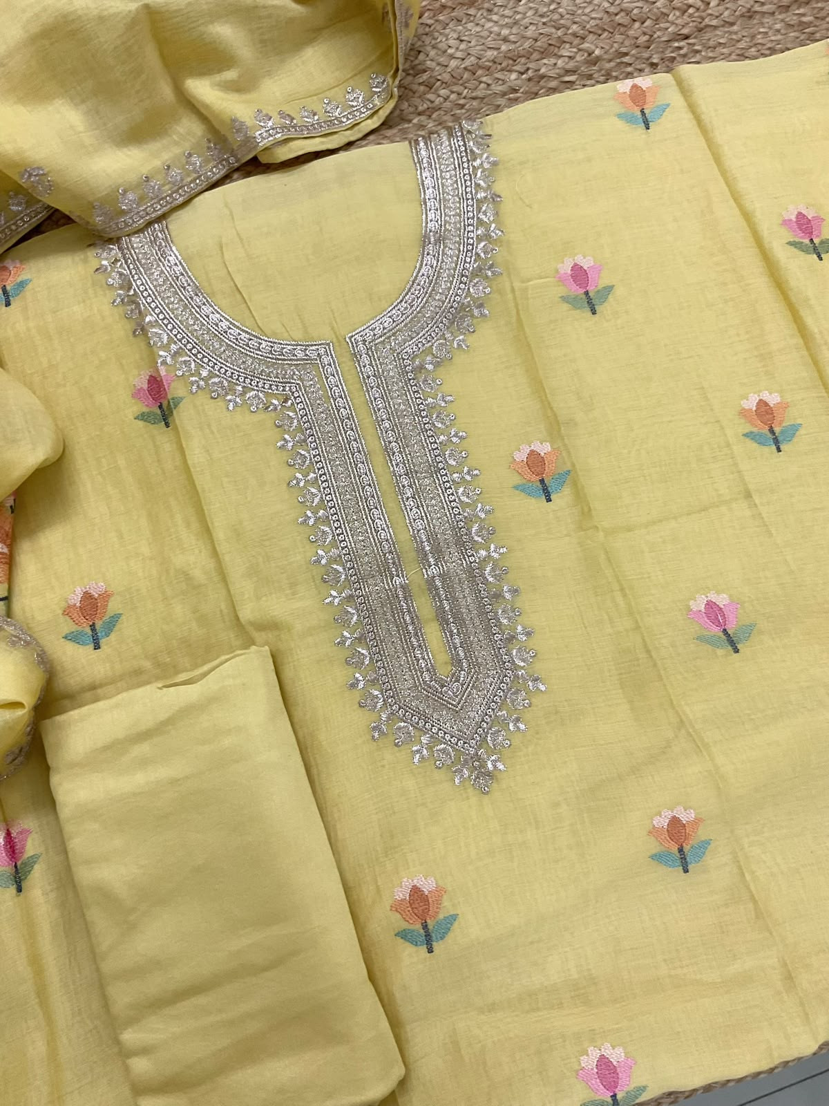 Pure Chanderi Embroidered Suit - Yellow
