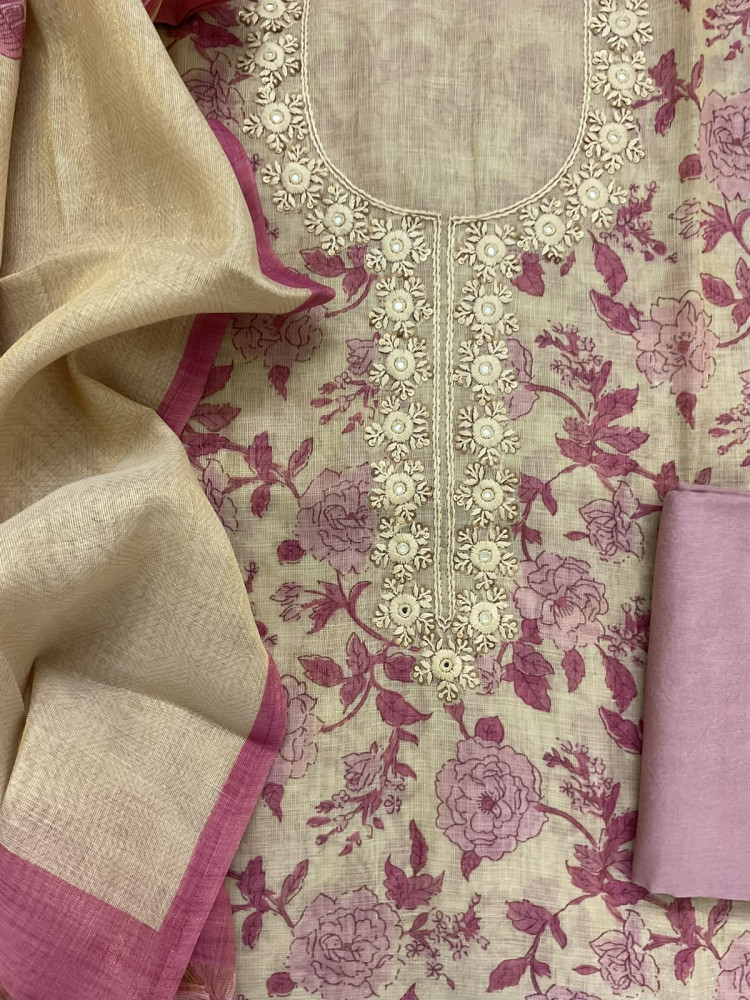 Image of Soft Tissue Slub Cotton Printed Embroidered Suit - Beige