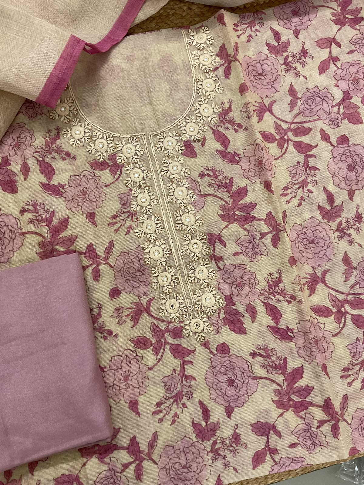Soft Tissue Slub Cotton Printed Embroidered Suit - Beige