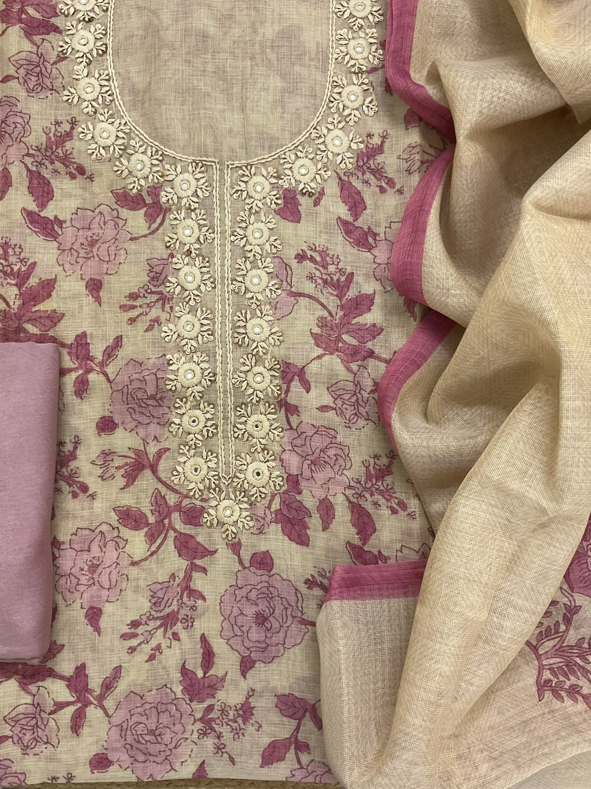 Soft Tissue Slub Cotton Printed Embroidered Suit - Beige
