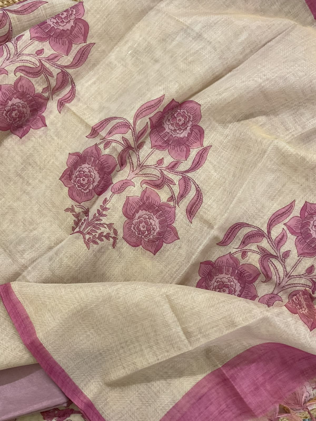 Soft Tissue Slub Cotton Printed Embroidered Suit - Beige