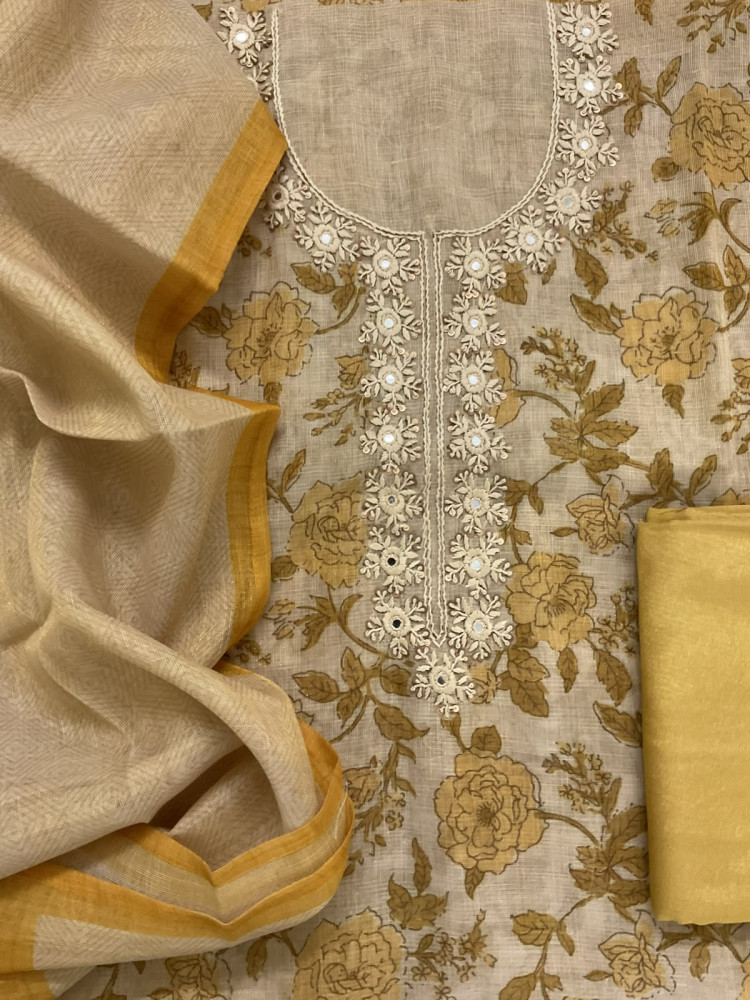 Image of Soft Tissue Slub Cotton Printed Embroidered Suit - Beige