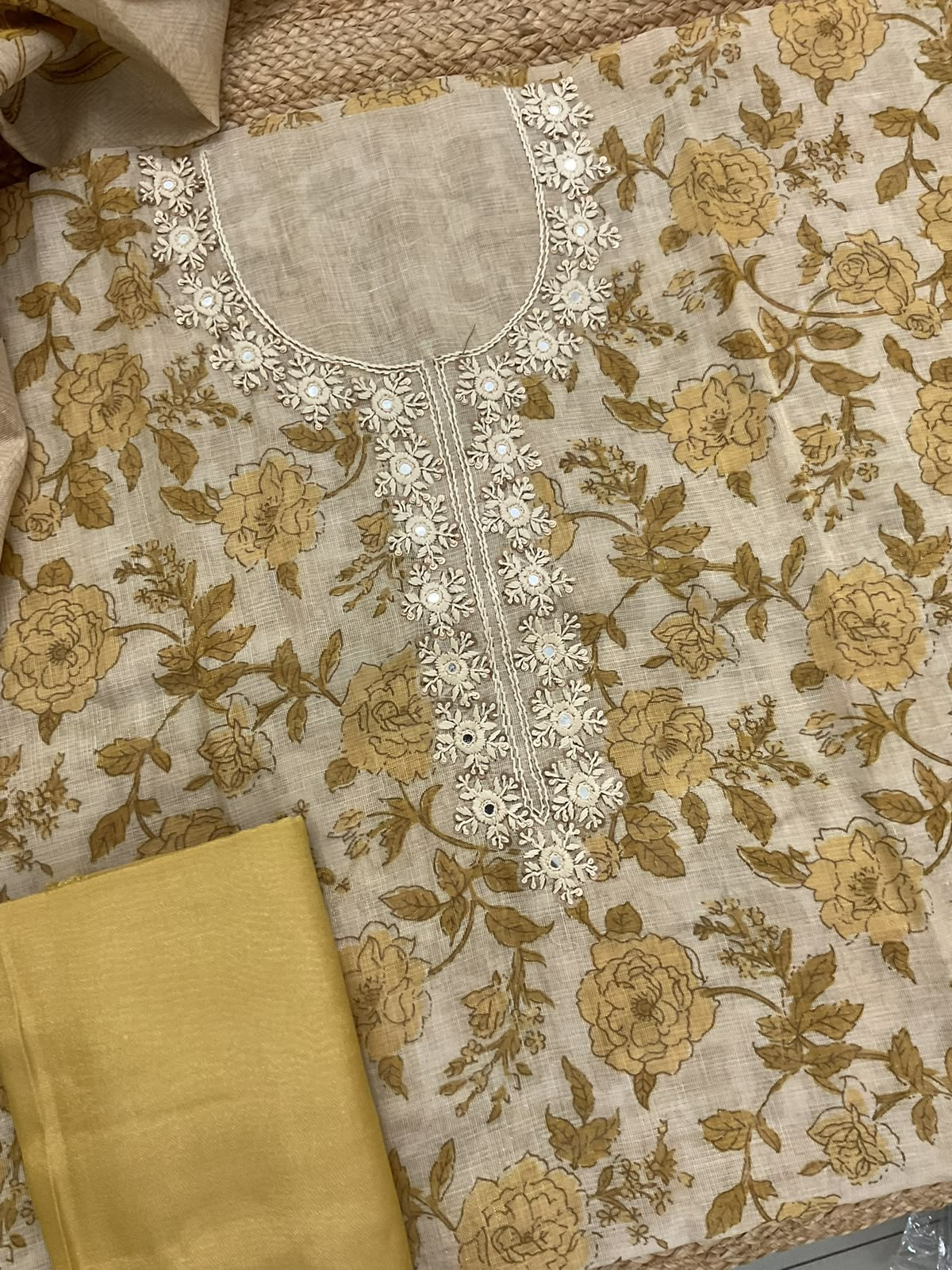 Soft Tissue Slub Cotton Printed Embroidered Suit - Beige