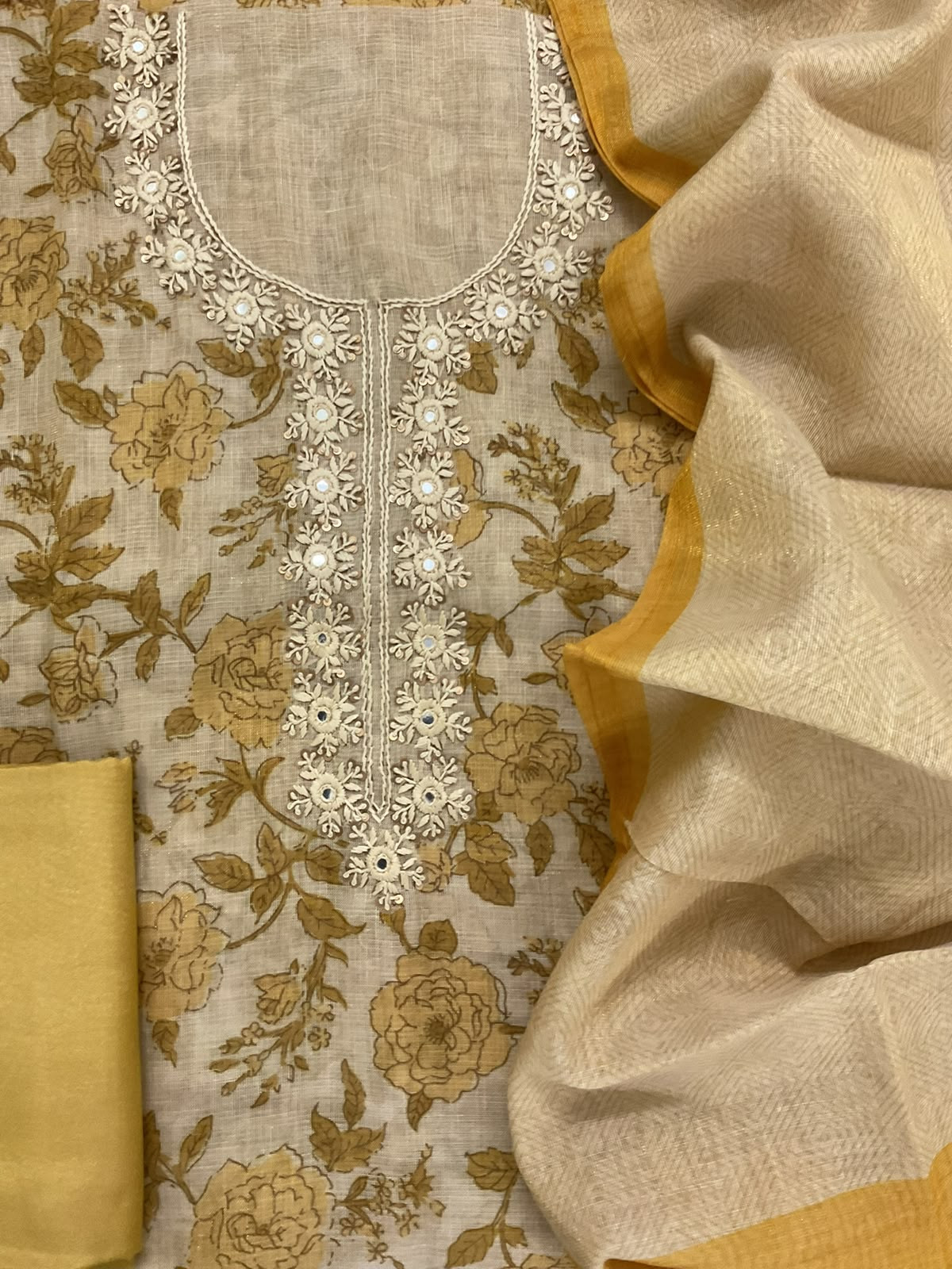 Soft Tissue Slub Cotton Printed Embroidered Suit - Beige