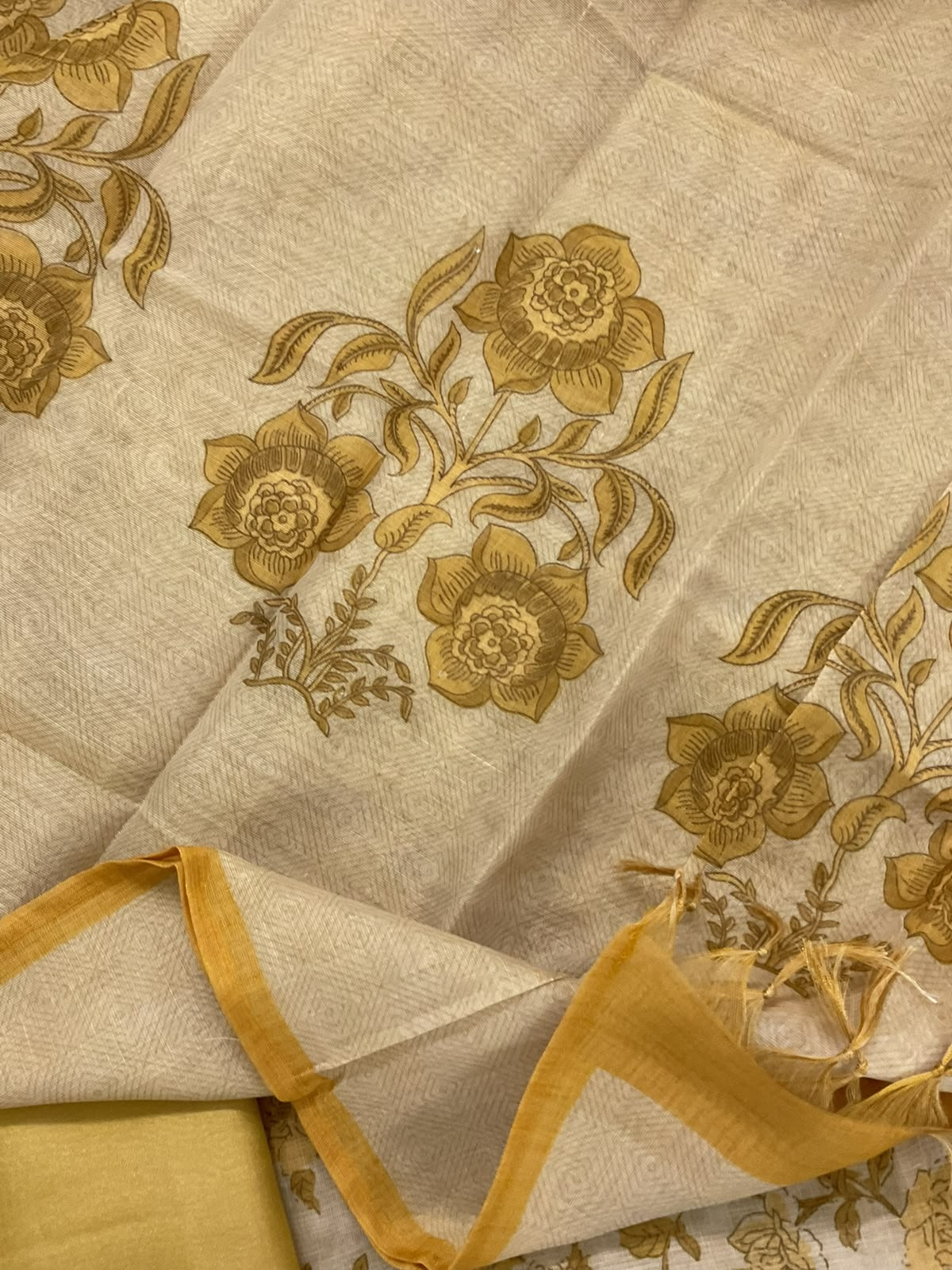 Soft Tissue Slub Cotton Printed Embroidered Suit - Beige